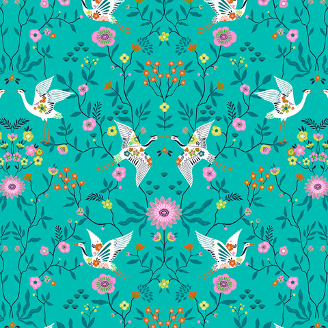 Blossom Days Teal Cranes