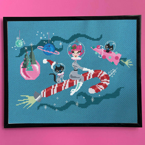 Miss Fluff Candy Cane Rocket Girl Cross Stitch Kit (Spot Colors)
