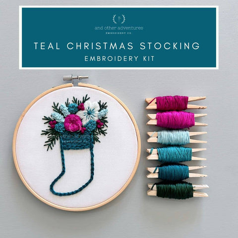 Hand Embroidery Kit - Teal Christmas Stocking